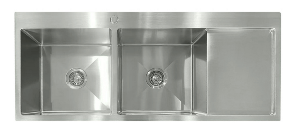 12050-BR-L Satin Stainless Steel Double Bowl Sink with Drainer, Left Drainer, 1200x500x220mm