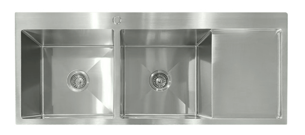 12050-BR-L Satin Stainless Steel Double Bowl Sink with Drainer, Left Drainer, 1200x500x220mm