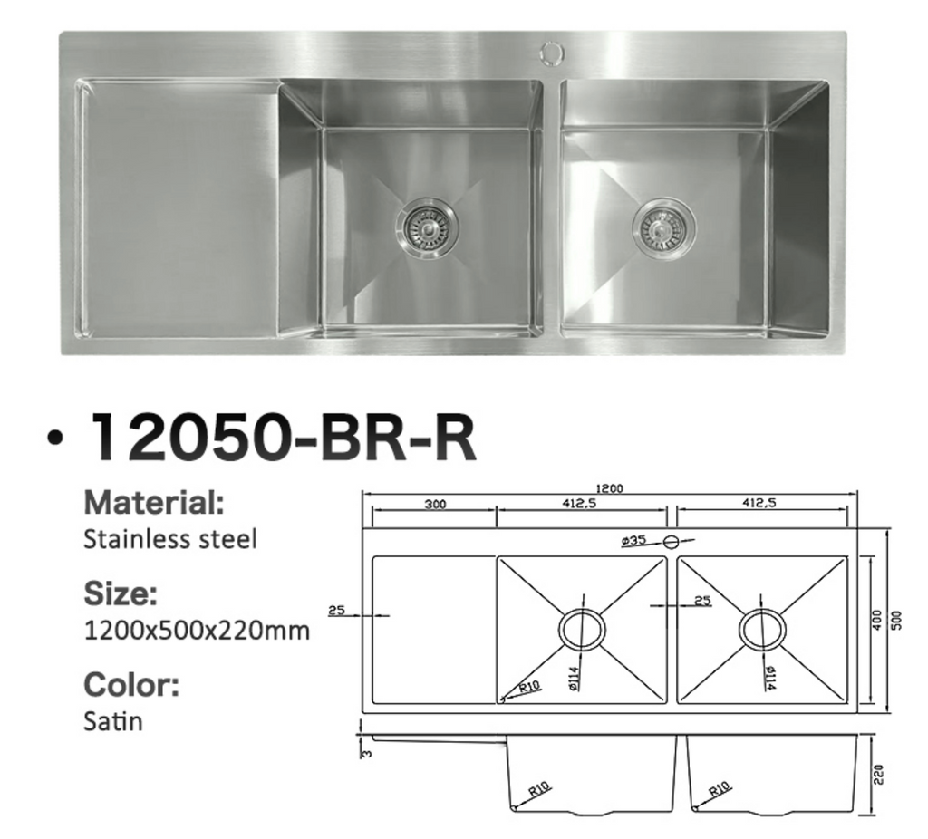 12050-BR-R Satin Stainless Steel Double Bowl Sink with Drainer, Right Drainer, 1200x500x220mm