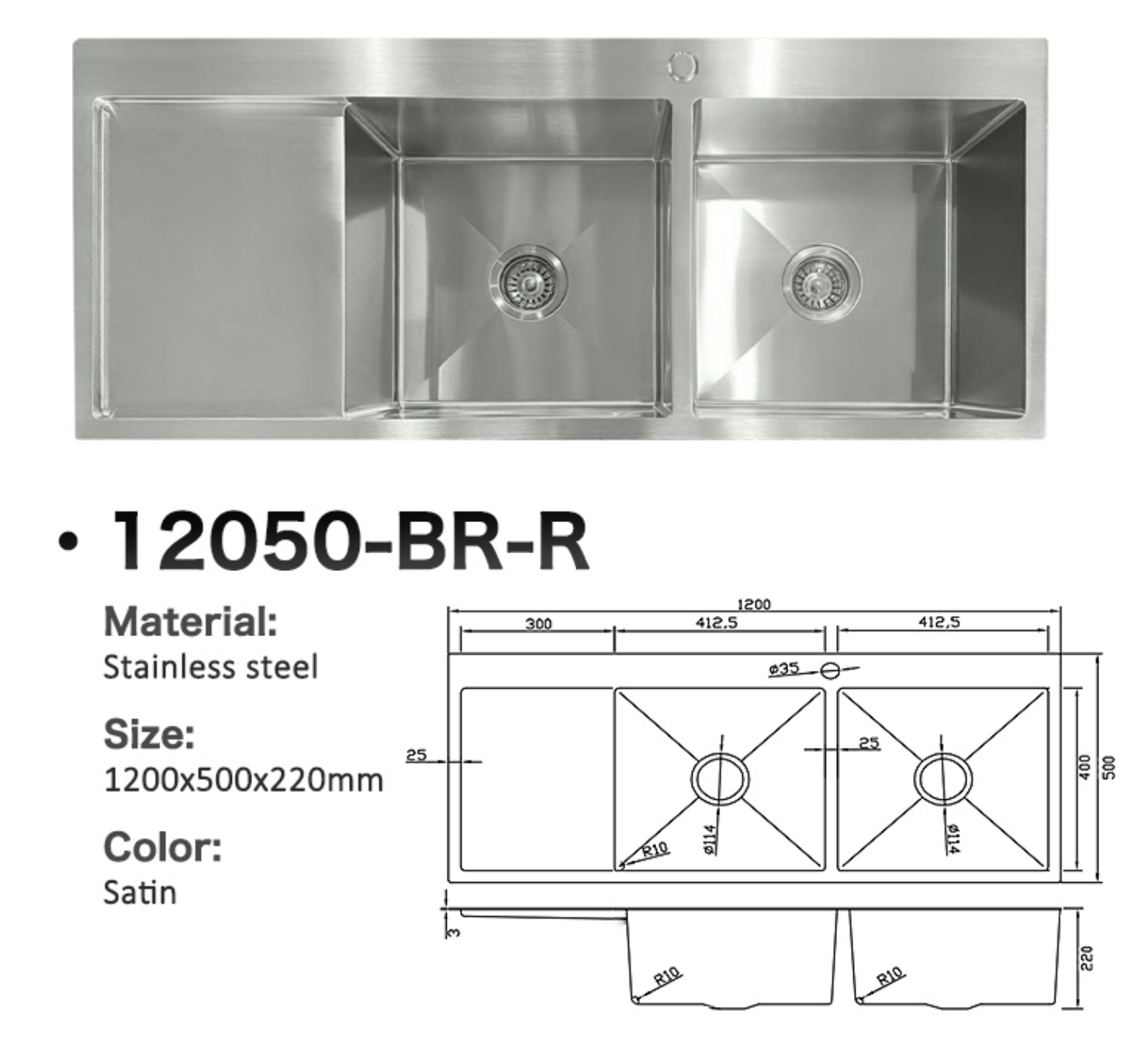 12050-BR-R Stainless Steel Double Bowl Sink with Left Drainer