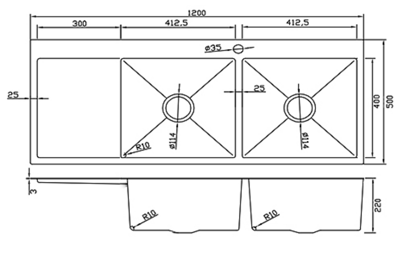 12050-BR-R Stainless Steel Double Bowl Sink with Left Drainer