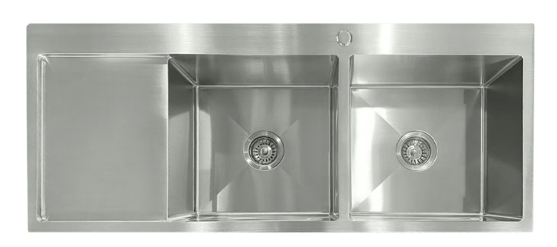 12050-BR-R Satin Stainless Steel Double Bowl Sink with Drainer, Right Drainer, 1200x500x220mm
