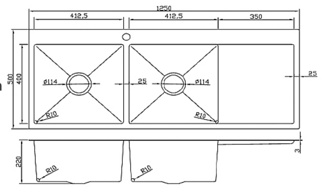 12550-BR-L Satin Stainless Steel Double Bowl Sink with Left Drainer, 1250x500x220mm