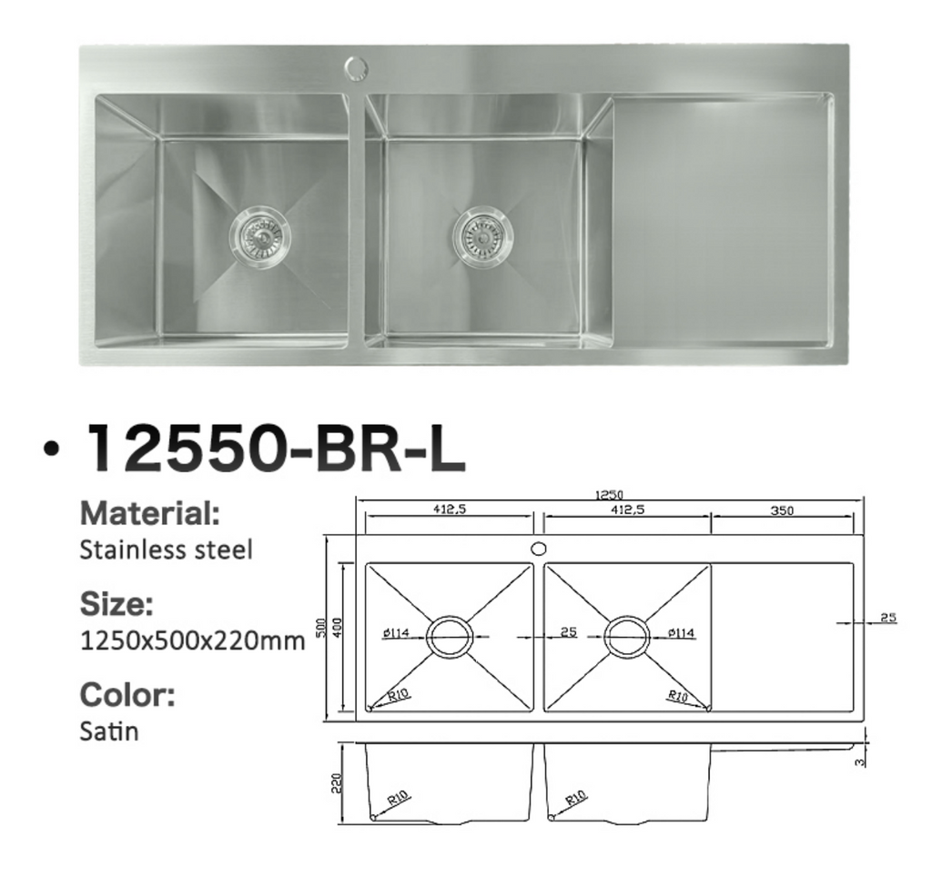 12550-BR-L Satin Stainless Steel Double Bowl Sink with Left Drainer, 1250x500x220mm