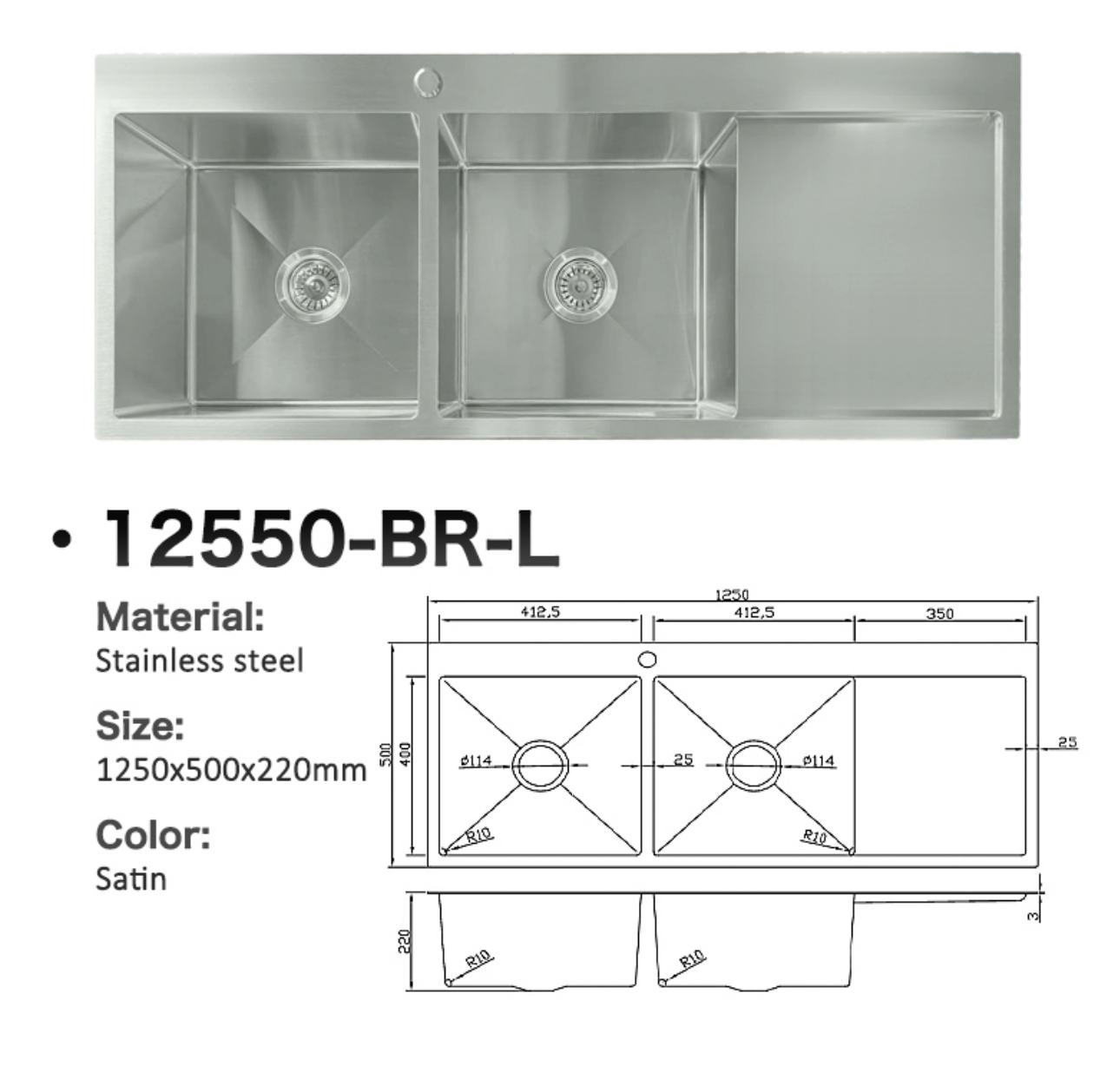12550-BR-L Stainless Steel Double Bowl Sink with Right Drainer