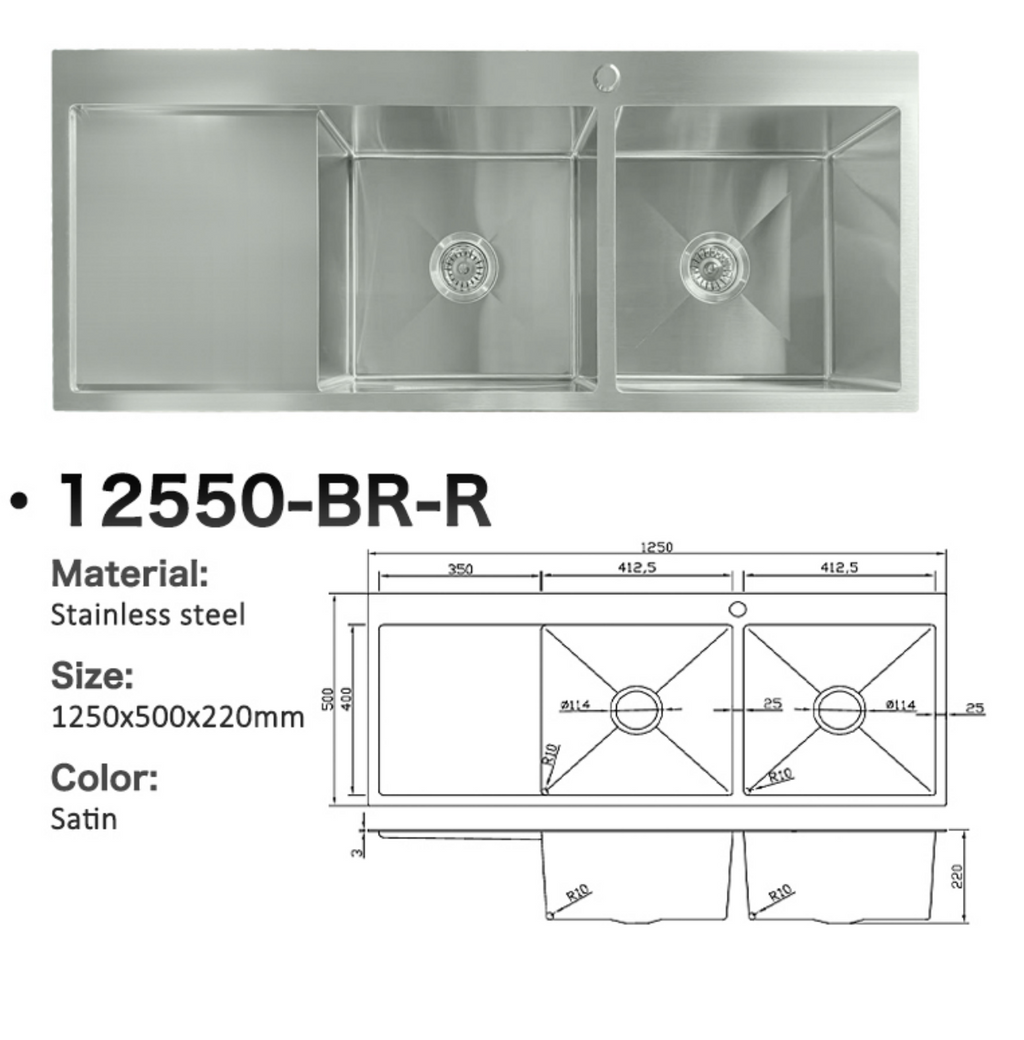 12550-BR-R Satin Stainless Steel Double Bowl Sink with Right Drainer, 1250x500x220mm