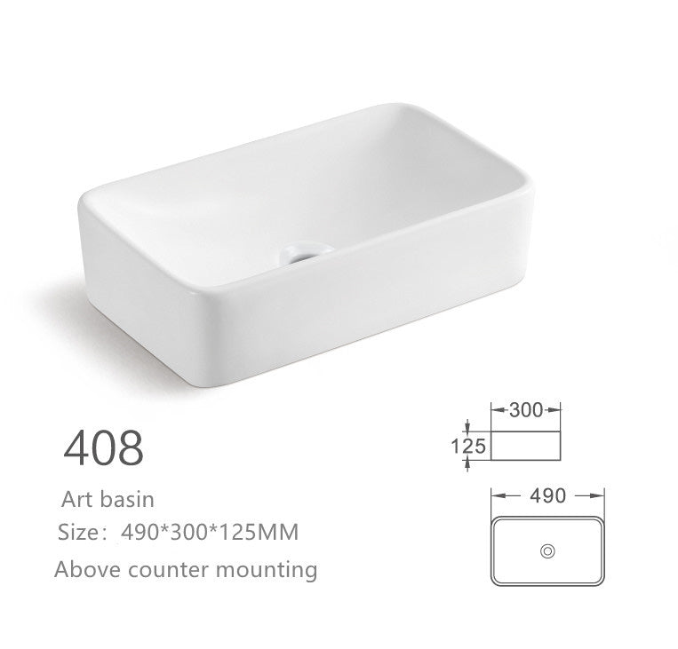 【Basin 408 - Glossy White】Rectangular Basin, 490×300×125mm, Above-Counter Mounting