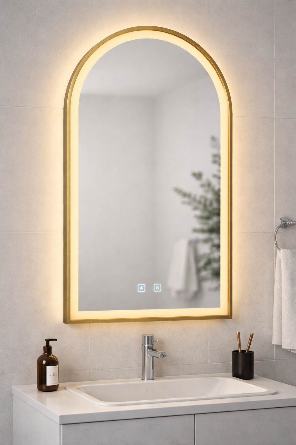 Brushed Gold Framed Arch LED Mirror 50×90cm