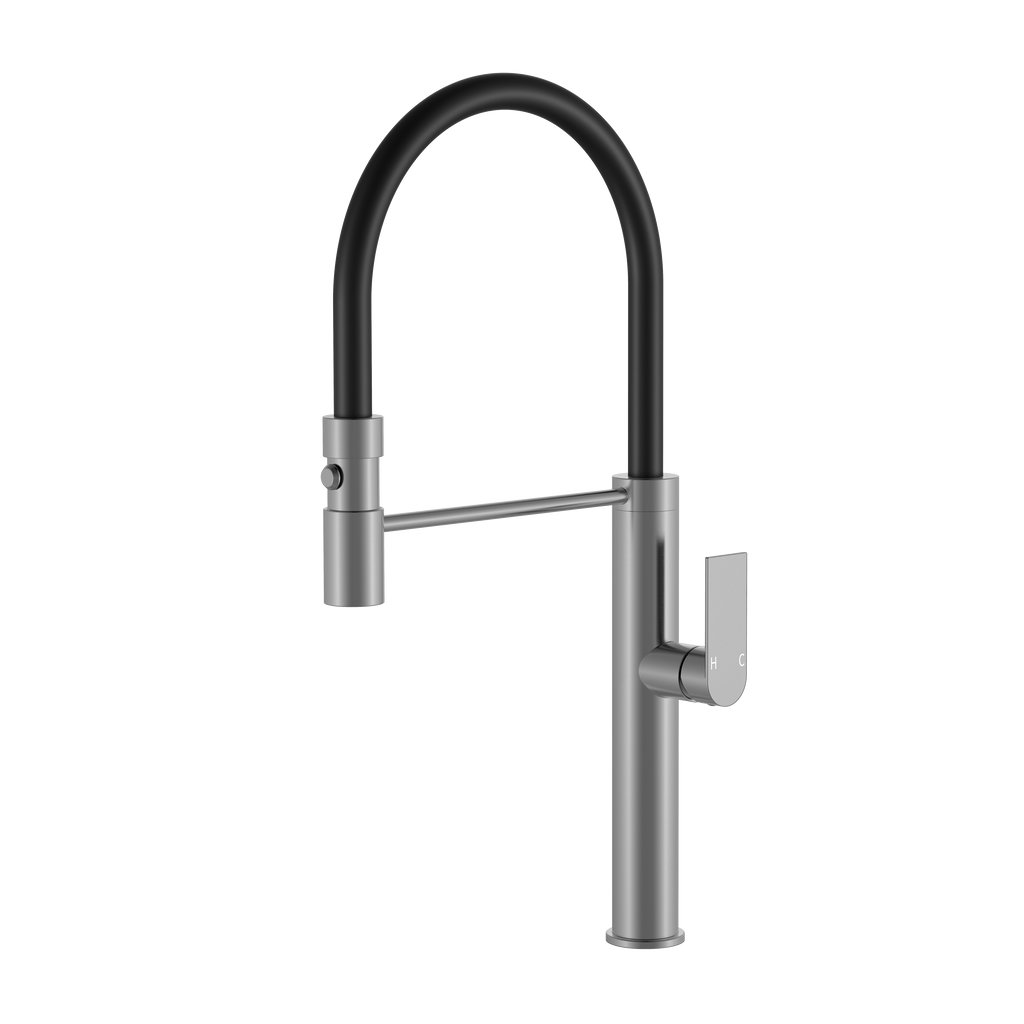 BISTONE 82H66-D Pull-Out Kitchen Mixer Tap — Smooth Handle with Black Hose — Available in Chrome, Brushed Nickel, Gunmetal Grey, Matte Black & Brushed Gold