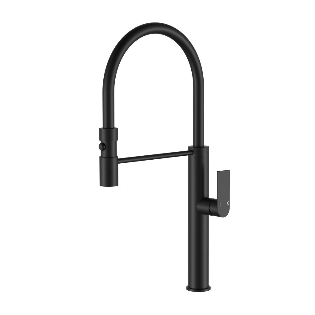 BISTONE 82H66-D Pull-Out Kitchen Mixer Tap — Smooth Handle with Black Hose — Available in Chrome, Brushed Nickel, Gunmetal Grey, Matte Black & Brushed Gold