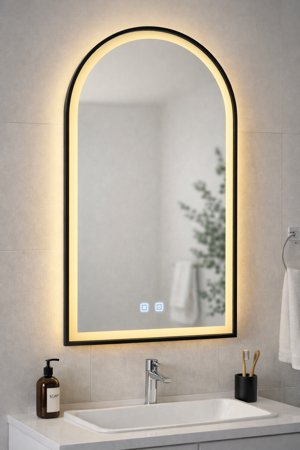 Matt Black Framed Arch LED Mirror 50×90cm