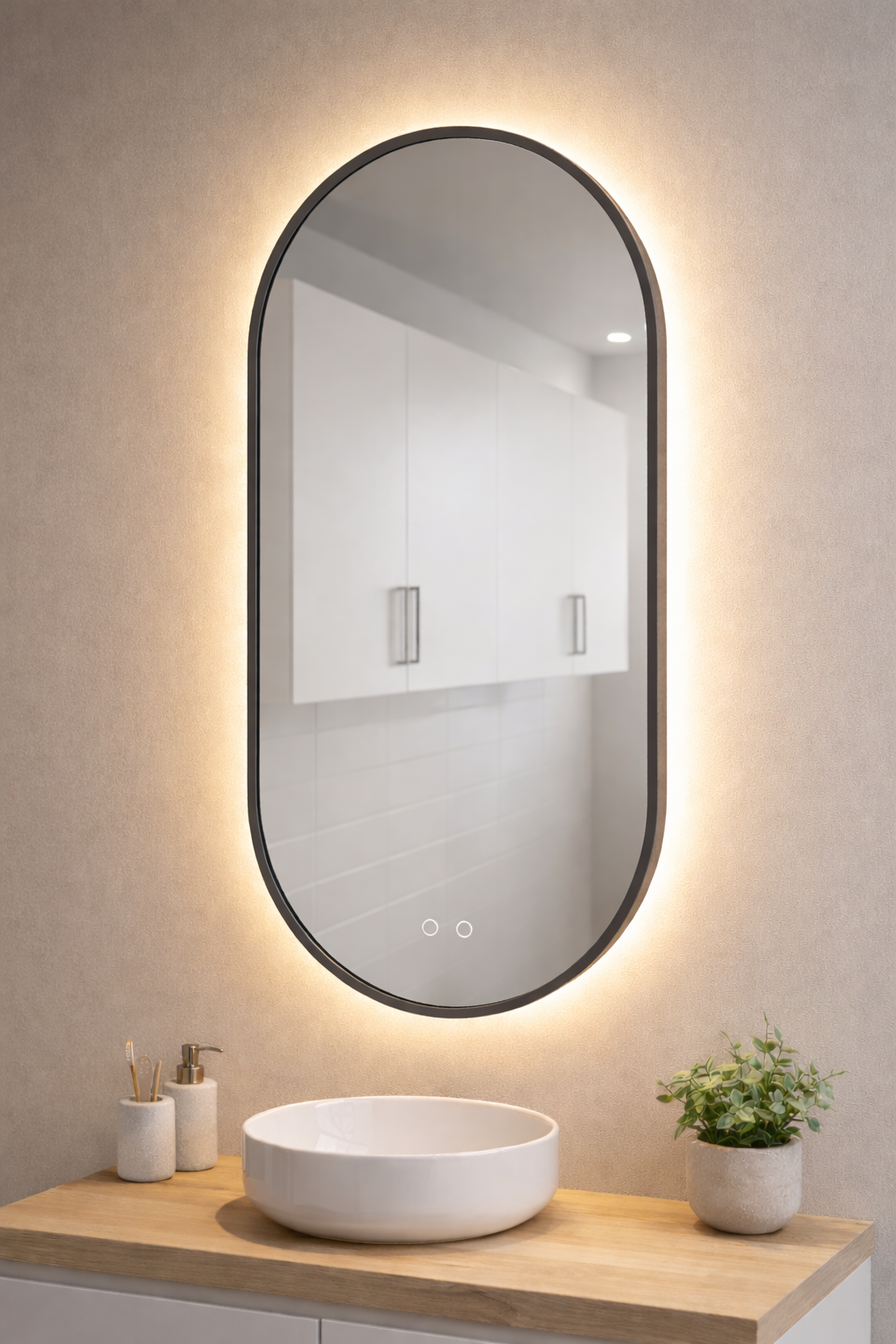 Grey Framed Oval LED Backlit Mirror 50×90cm