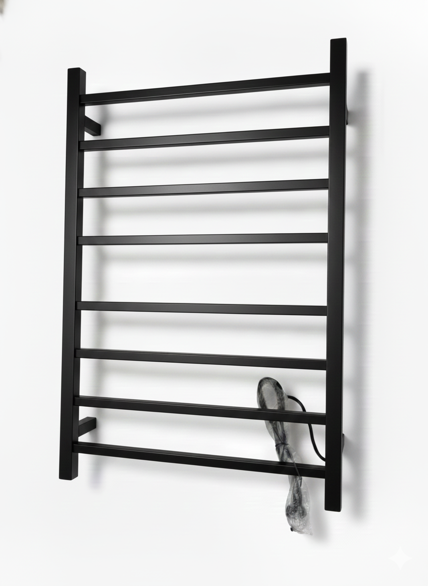 8-Bar Heated Towel Rail, Square Tube Design, W62*H91 cm, Wall Mounted Electric Towel Warmer, 8-Bar Square Post Style