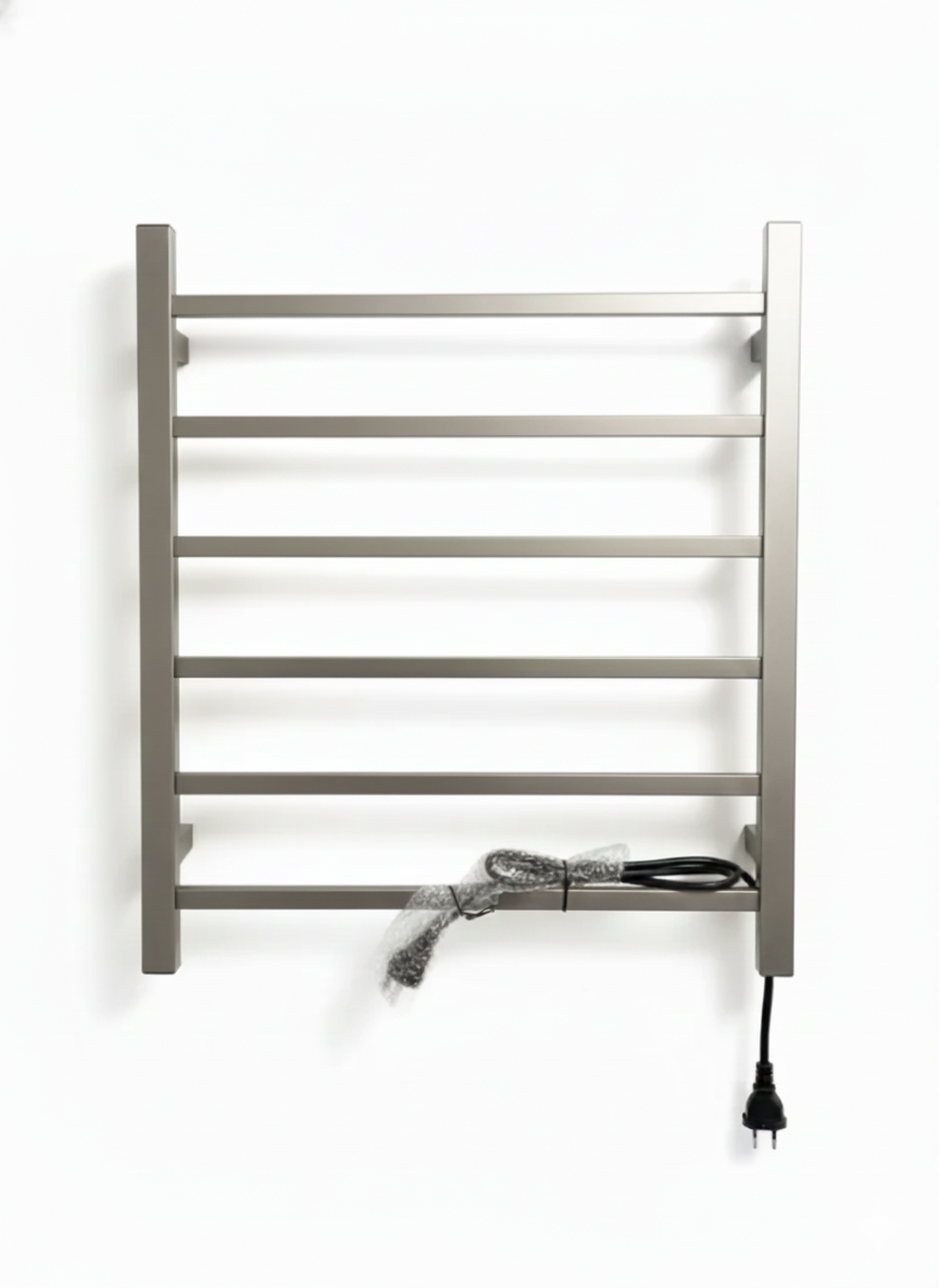 6-Bar Heated Towel Rail, Square Tube Design, W62*H67 cm, Wall Mounted Electric Towel Warmer, 6-Bar Square Post Style