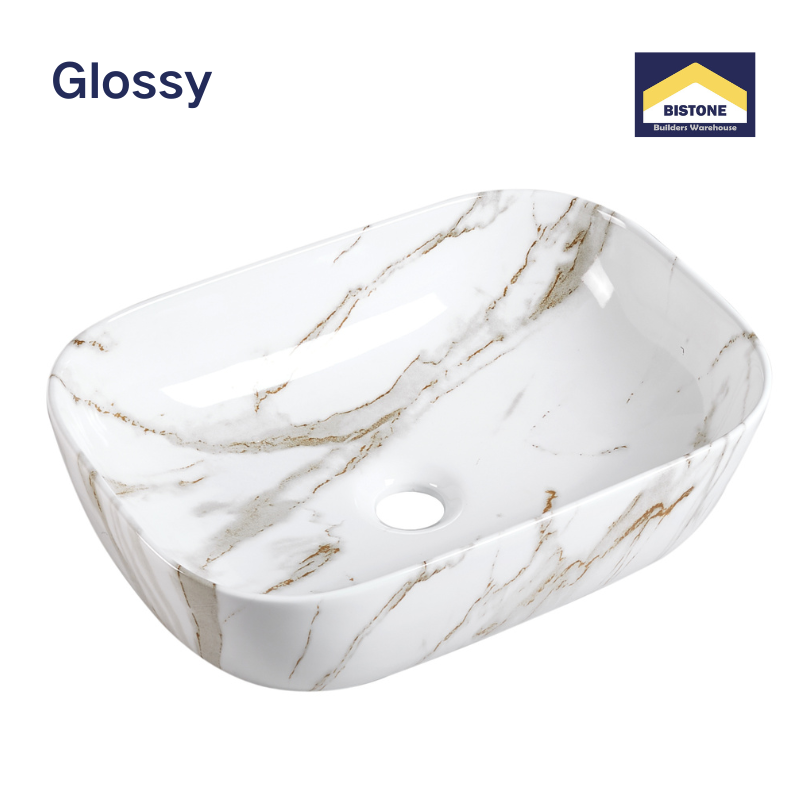 【Basin 8215-P07 Glossy】White Marble with Golden Veining Rectangular Basin (460×320×140mm)