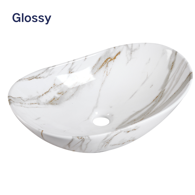 【Basin 333 Pattern 07】 – Glossy White Marble Finish, 525×325×160mm, Above-Counter Basin
