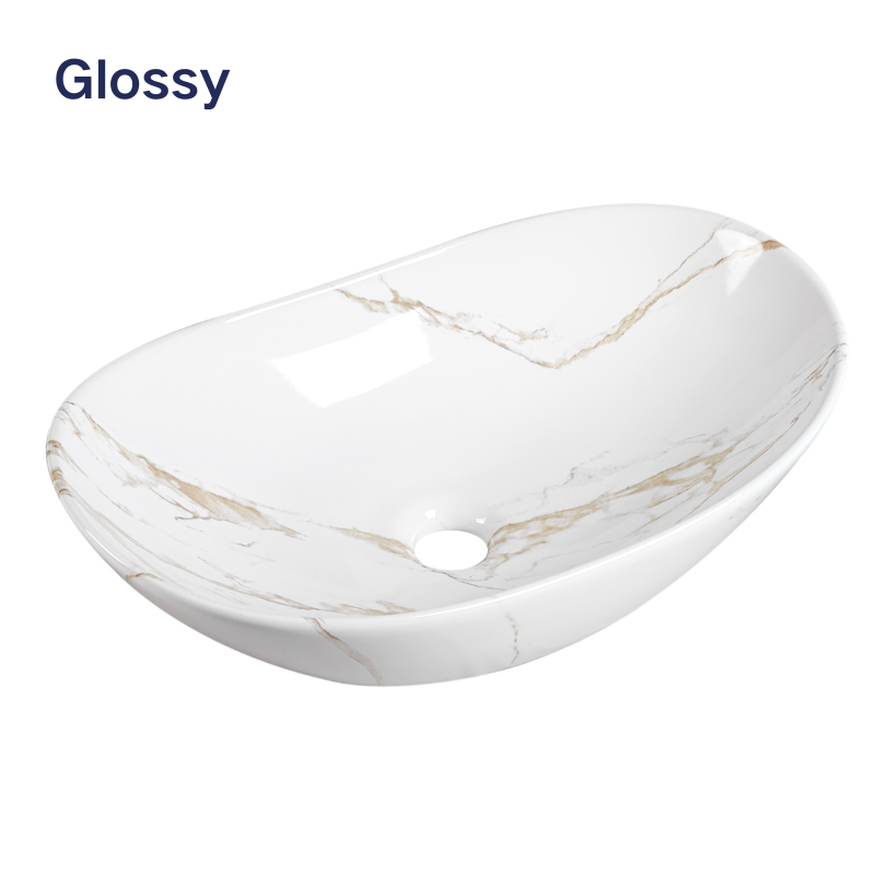 【Basin 333 Pattern 01 】– Glossy Marble Finish, 525×325×160mm, Above-Counter Basin