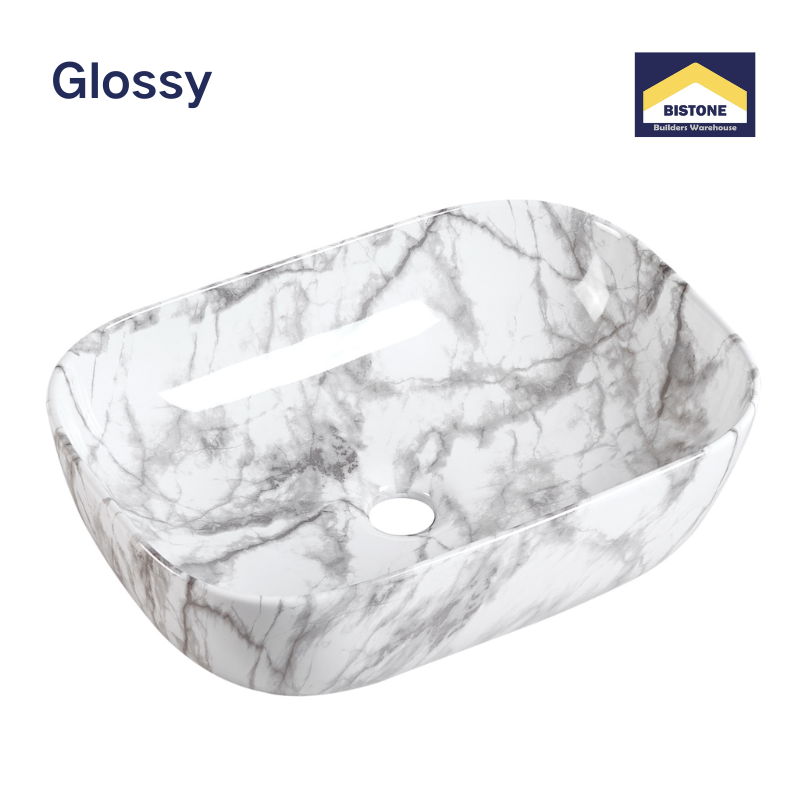【Basin 8215-P08 Glossy】 White Marble with Grey Veining Basin (460×320×140mm)