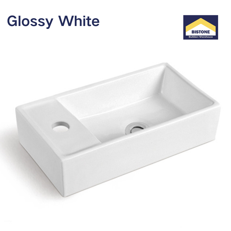 【Basin 8205 Glossy White】 Compact Rectangular Basin with Side Tap Hole, 410×230×100mm