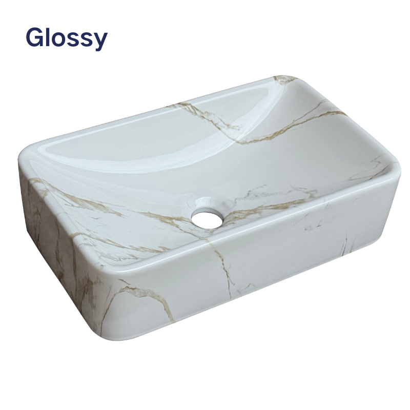 【Basin 408 Pattern 01】 – Glossy Marble Finish, 490×300×125mm, Above-Counter Basin