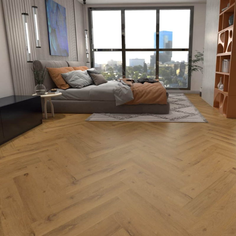 Ergo Herringbone Hybrid Flooring Collection — E03 Spotted Gum Herringbone, 100% Waterproof & Scratch-Resistant