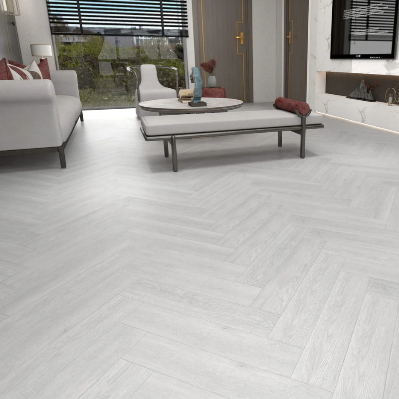 Ergo Herringbone Hybrid Flooring Collection — E01 Grey Herringbone, 100% Waterproof & Scratch-Resistant