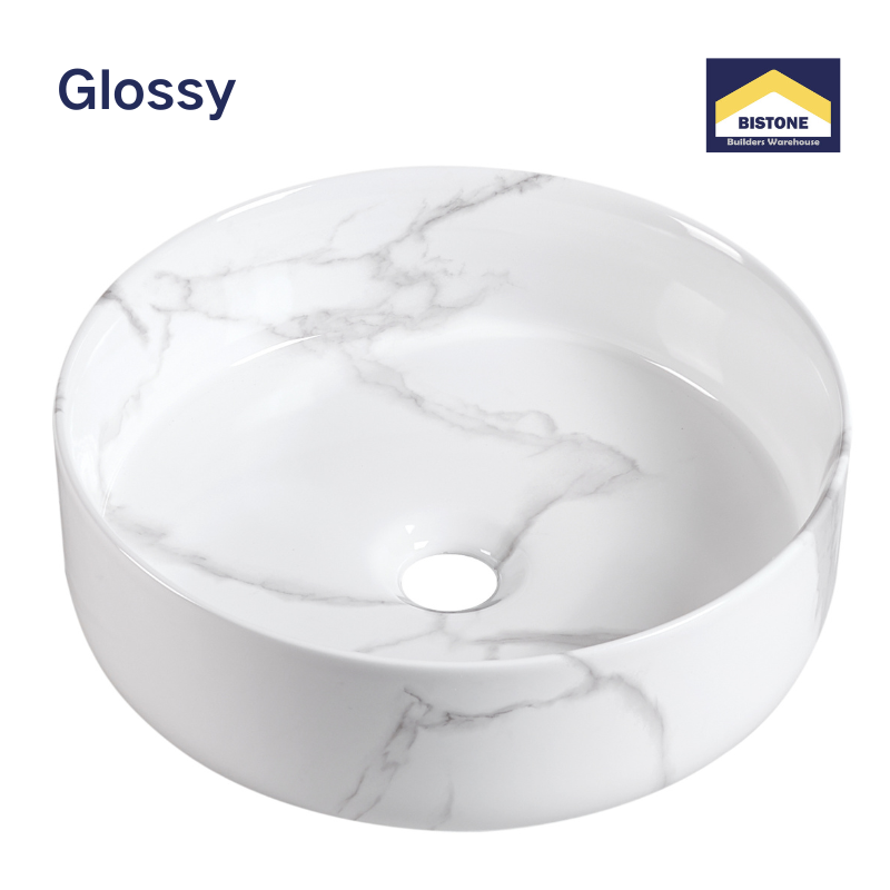 【Basin 3612-P17 Glossy】 White Marble with Subtle Grey Veining Round Basin, 360×360×120mm