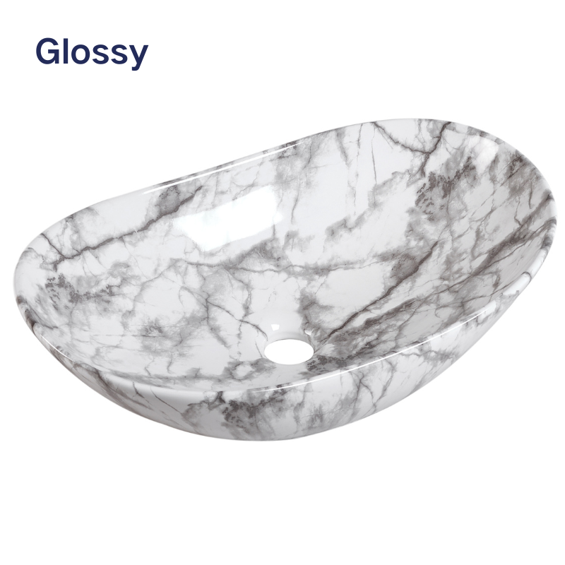 【Basin 333 Pattern 08】 – Glossy Gray Marble Finish, 525×325×160mm, Above-Counter Basin