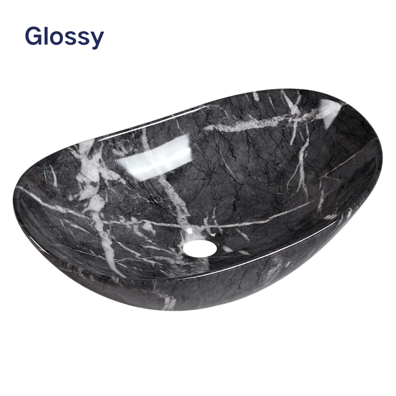 【Basin 333 Pattern 05】 – Glossy Black Marble Finish, 525×325×160mm, Above-Counter Basin