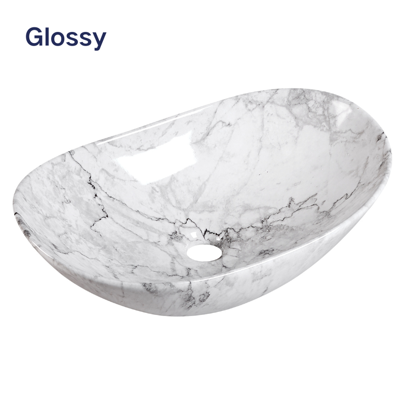 【Basin 333 Pattern 12】 – Glossy White Marble Finish, 525×325×160mm, Above-Counter Basin
