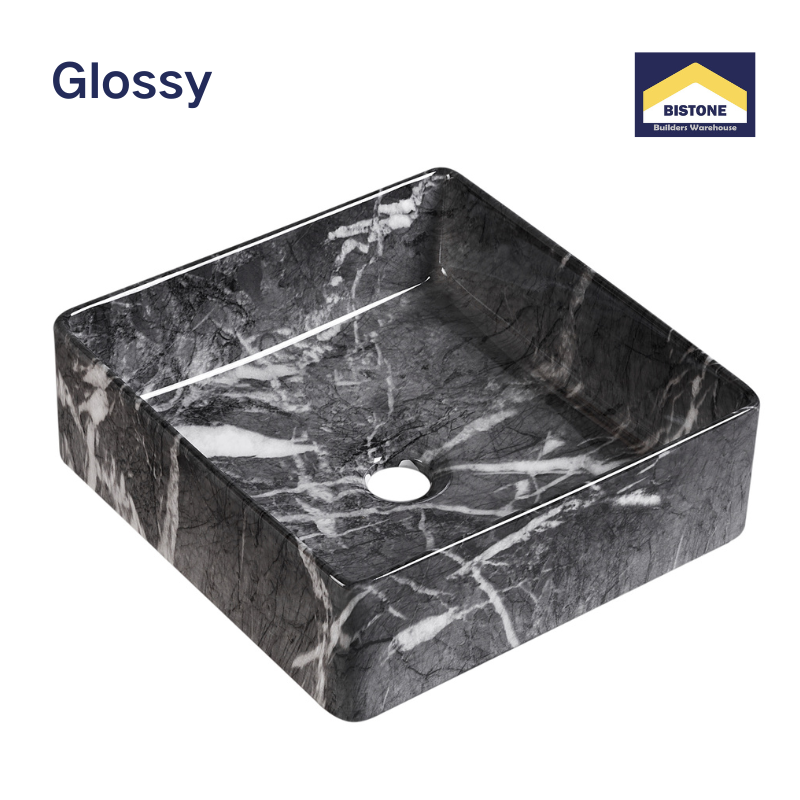 【Basin 488-37 Pattern 05】 Glossy Black Marble Finish, 370×370×120mm, Above Counter Basin