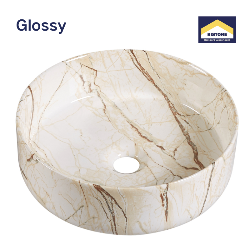 【Basin 3612-P14 Glossy】 Beige Marble with Brown Veining Round Basin, Size: 360×360×120mm, Above Counter