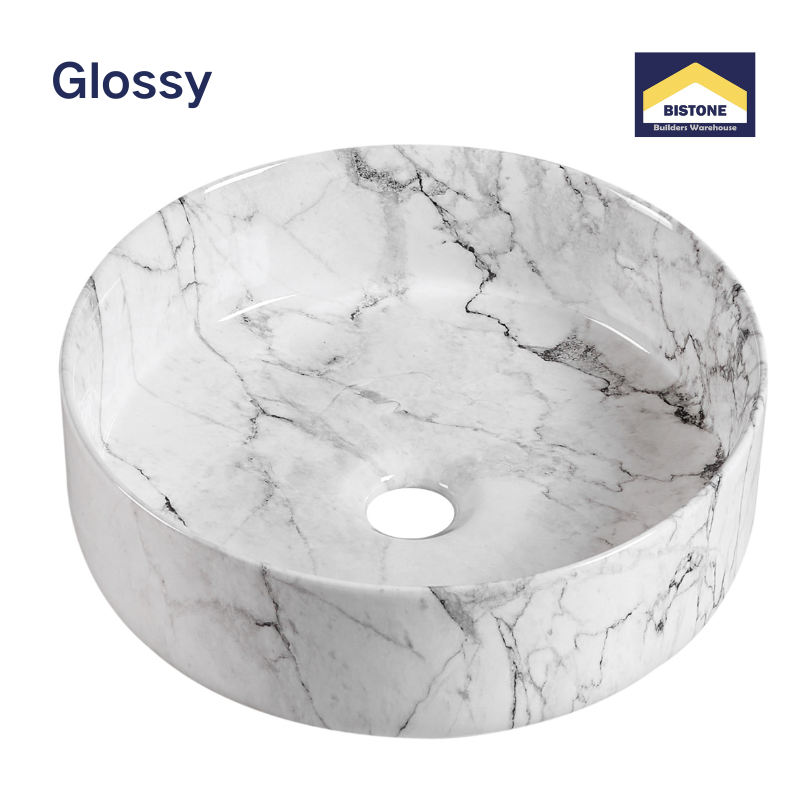【Basin 3612-P12 Glossy】 White Marble with Black Veining Round Basin