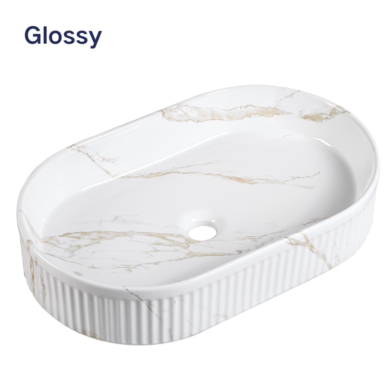 【Basin 330 Pattern 01】 – Glossy Marble Pattern, 580×365×120mm, Above-Counter Basin