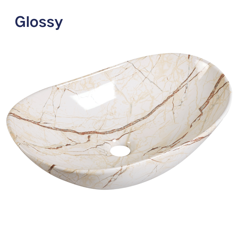 【Basin 333 Pattern 14】 – Glossy Beige Marble Finish, 525×325×160mm, Above-Counter Basin