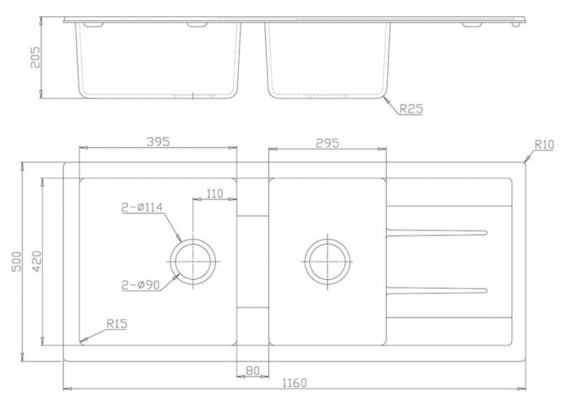 Granite Double Bowls Kitchen Sinks with Right Drainer