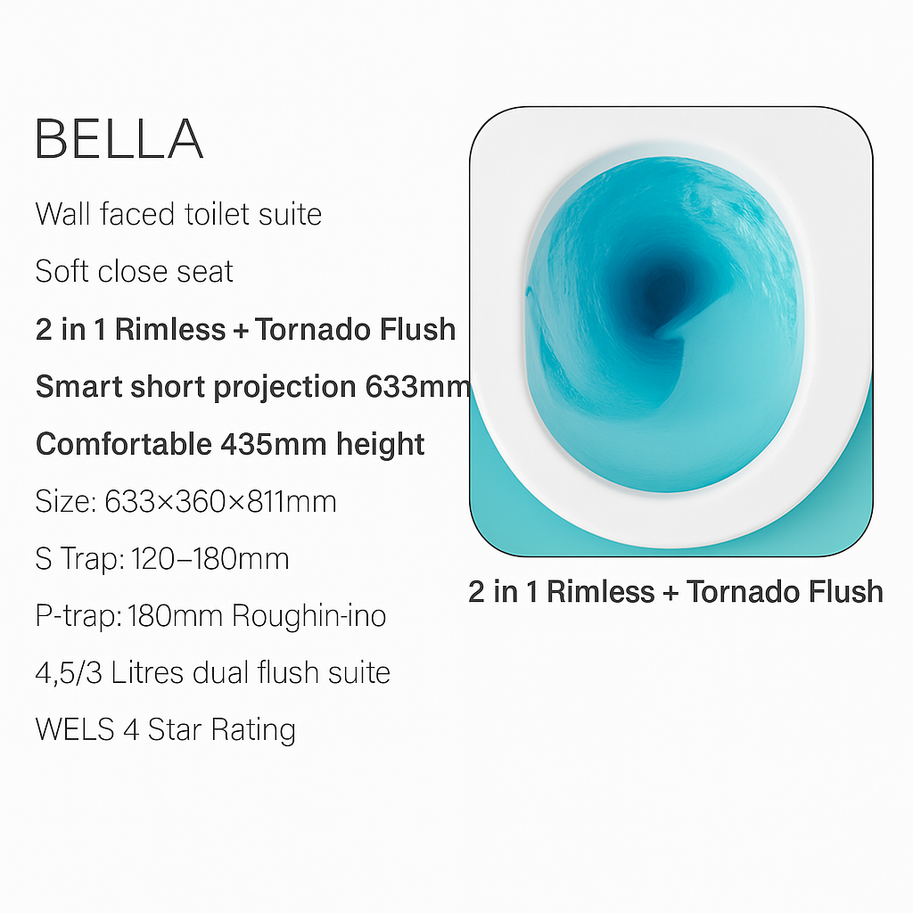 BISTONE Bella 2-in-1 Rimless Tornado Back-to-Wall Toilet Suite — Smart Design, Powerful Hygiene