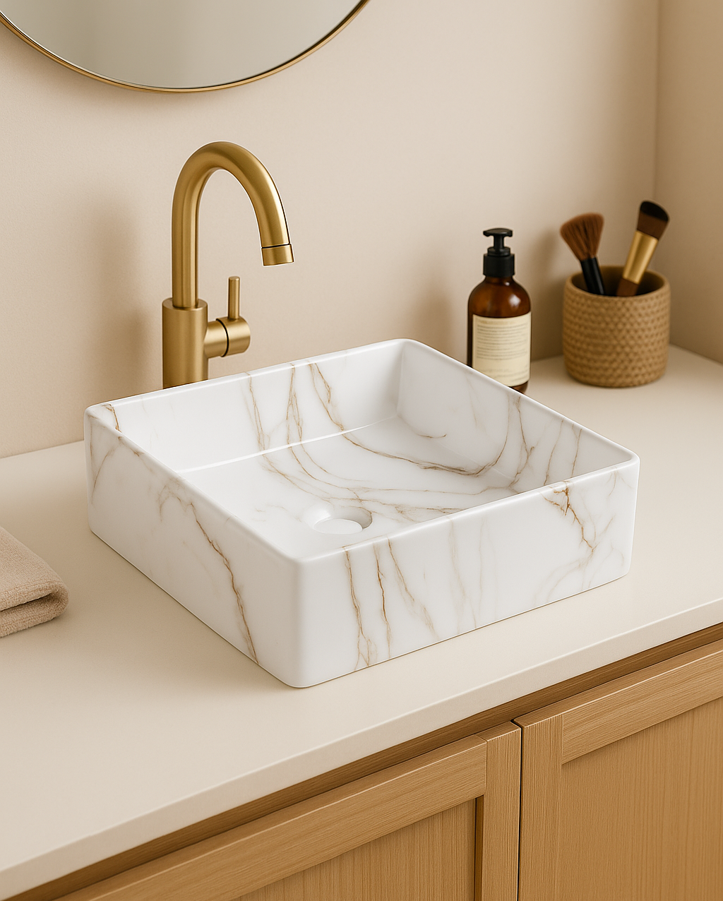【Basin 488-37 Pattern 07】 Glossy Marble Finish, 370×370×120mm, Above Counter Basin