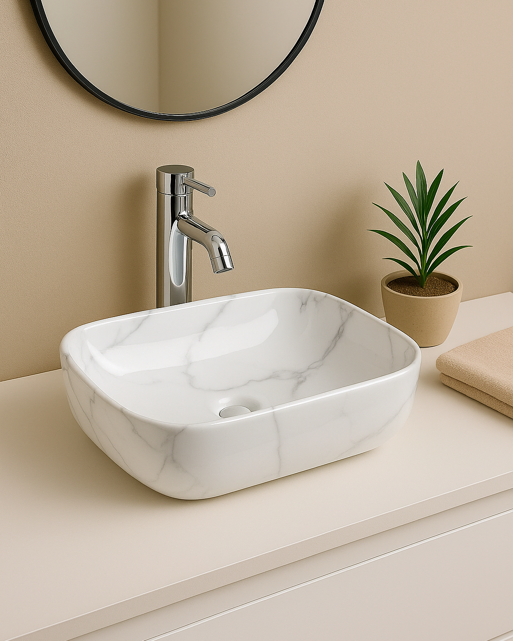 【Basin 8215-P17】 Glossy White Marble with Subtle Grey Veining Rectangular Basin (460×320×140mm)