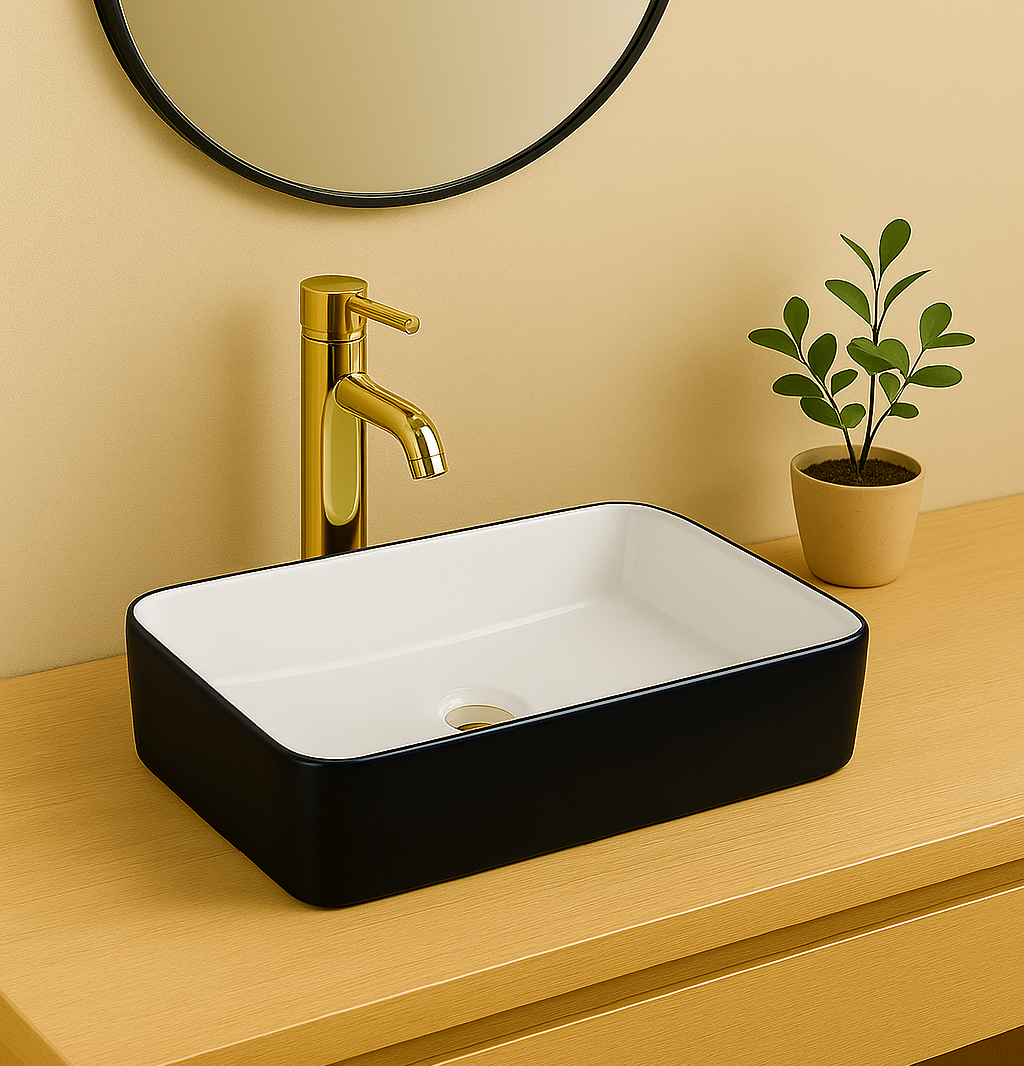 【Basin 8240A】 Black & White Rectangular Ceramic Basin – 500×340×110mm