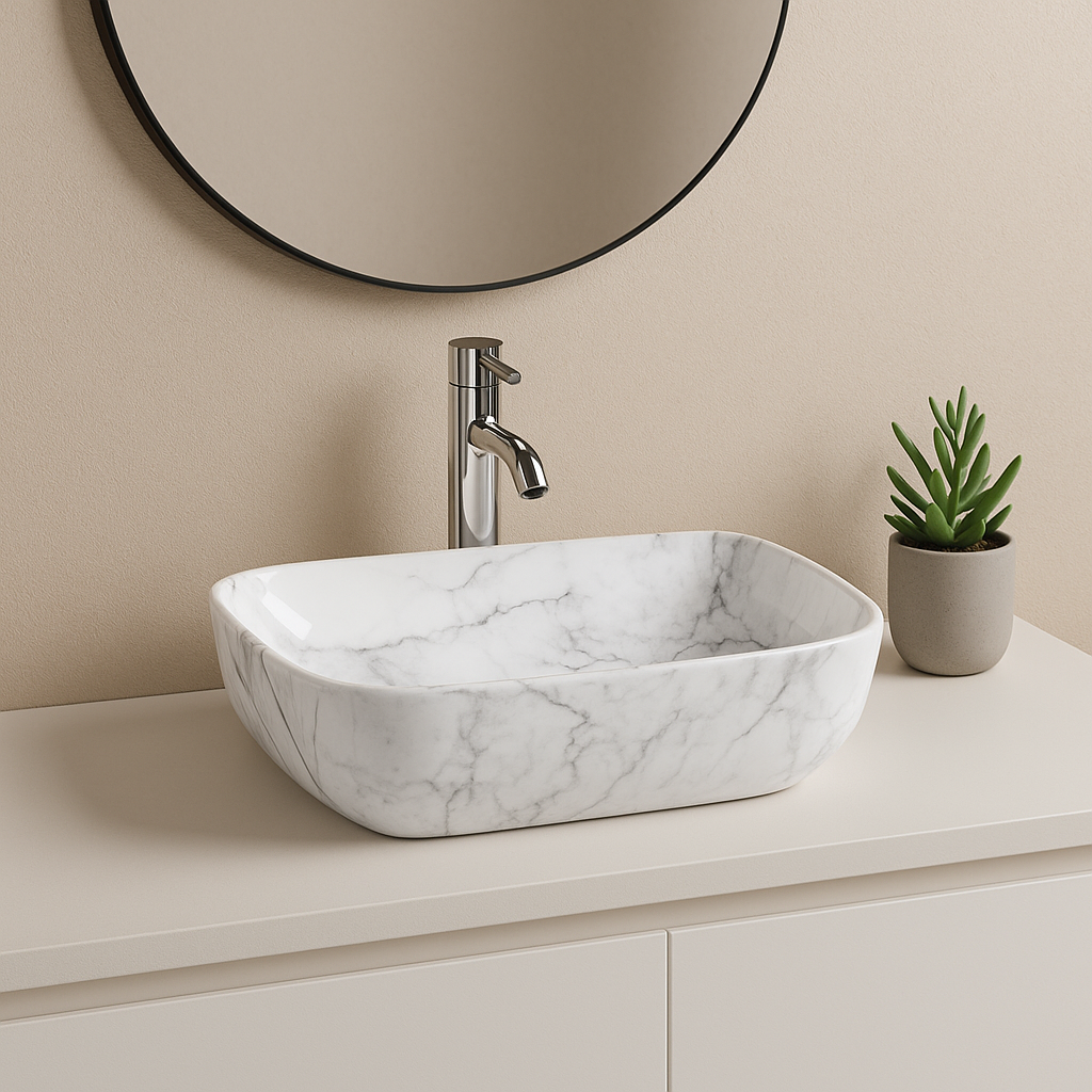 【Basin 8215-P12 Glossy】 White Marble with Subtle Grey Veining Basin, 460×320×140mm