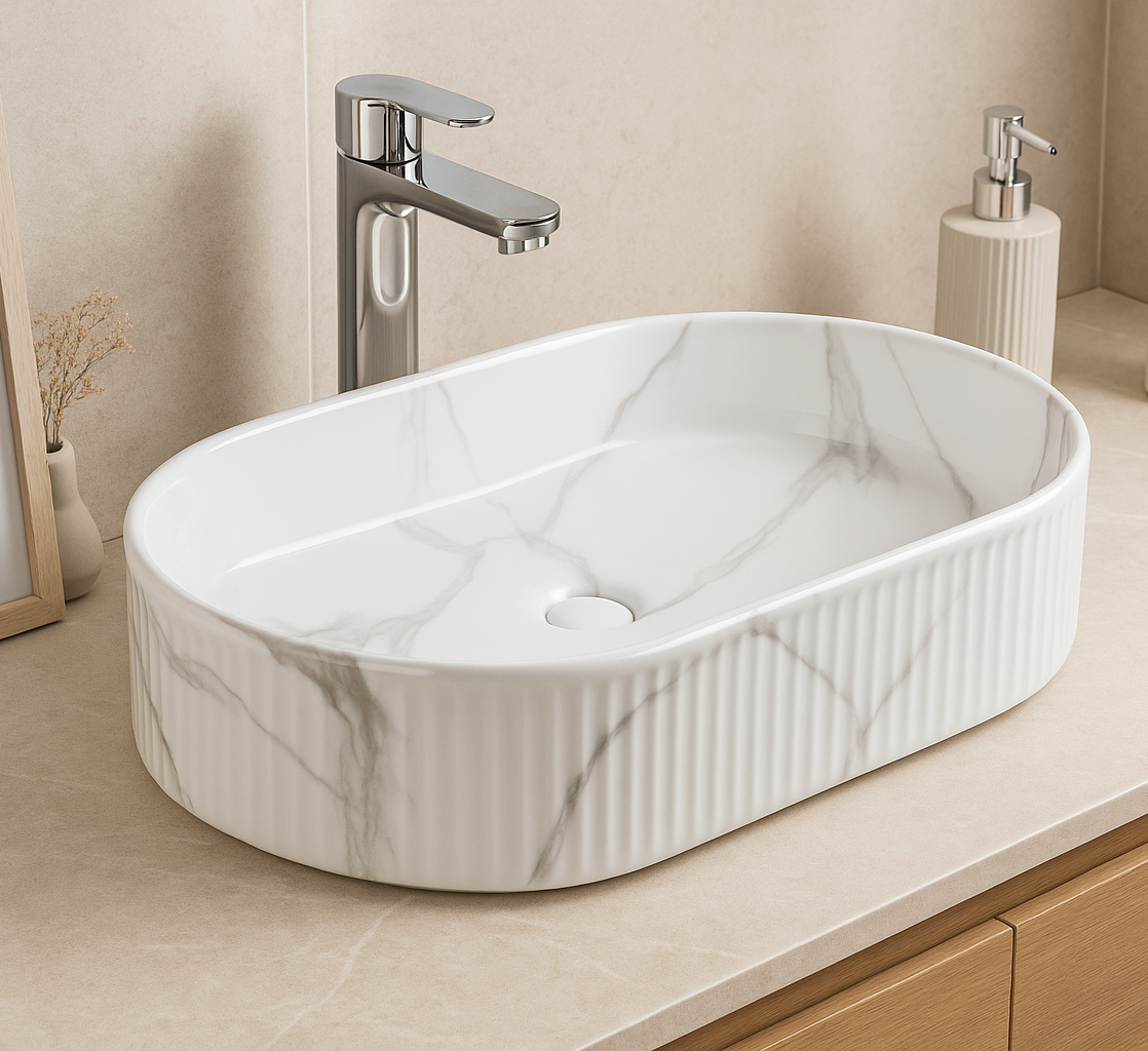 【Basin 330 Pattern 17】 – Glossy Marble Pattern, 580×365×120mm, Above-Counter Basin