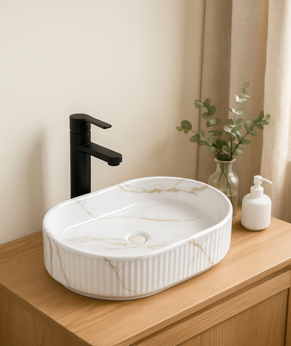 【Basin 330 Pattern 01】 – Glossy Marble Pattern, 580×365×120mm, Above-Counter Basin