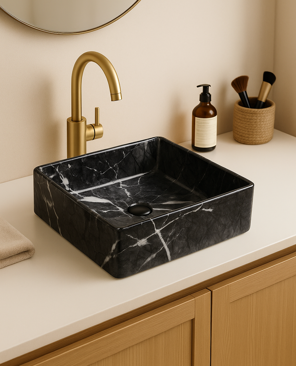 【Basin 488-37 Pattern 05】 Glossy Black Marble Finish, 370×370×120mm, Above Counter Basin