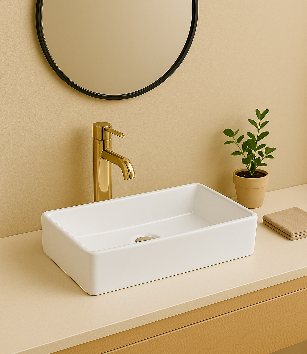 【Basin 433-46】 Glossy White – 465×235×120mm - Rectangular Above Counter Basin