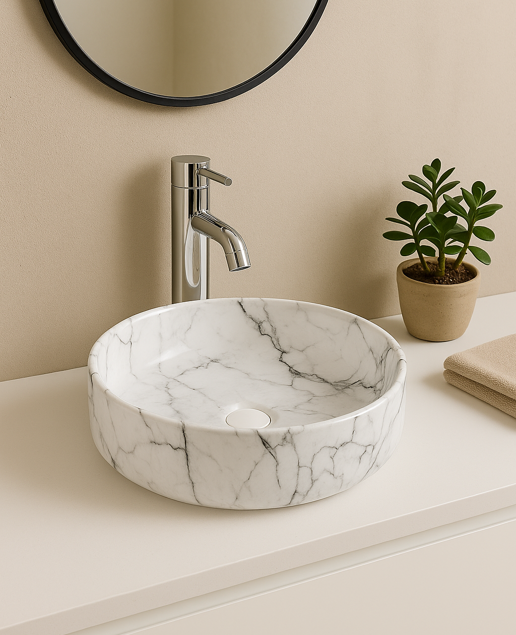 【Basin 3612-P12 Glossy】 White Marble with Black Veining Round Basin