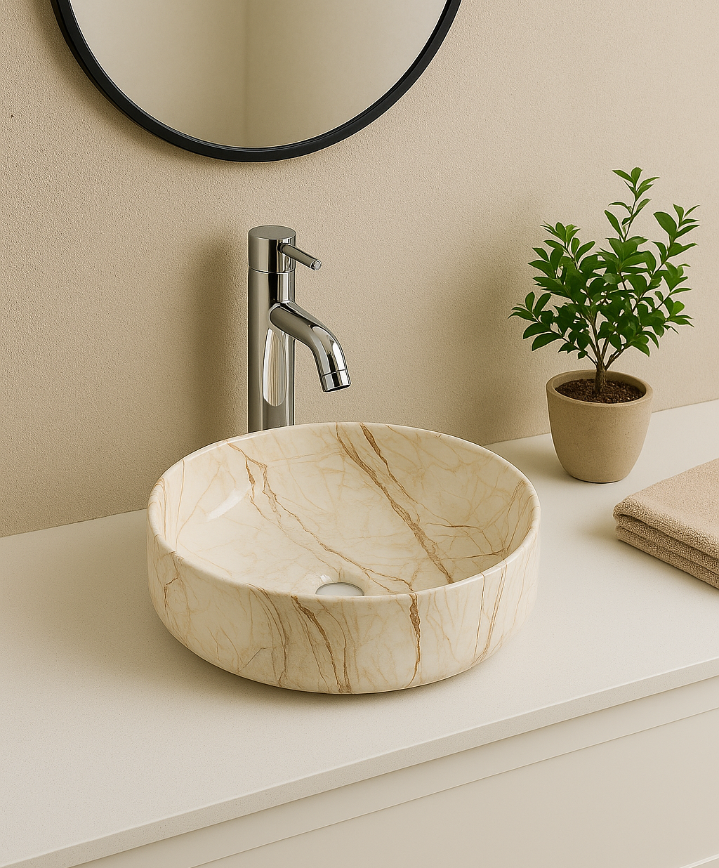 【Basin 3612-P14 Glossy】 Beige Marble with Brown Veining Round Basin, Size: 360×360×120mm, Above Counter