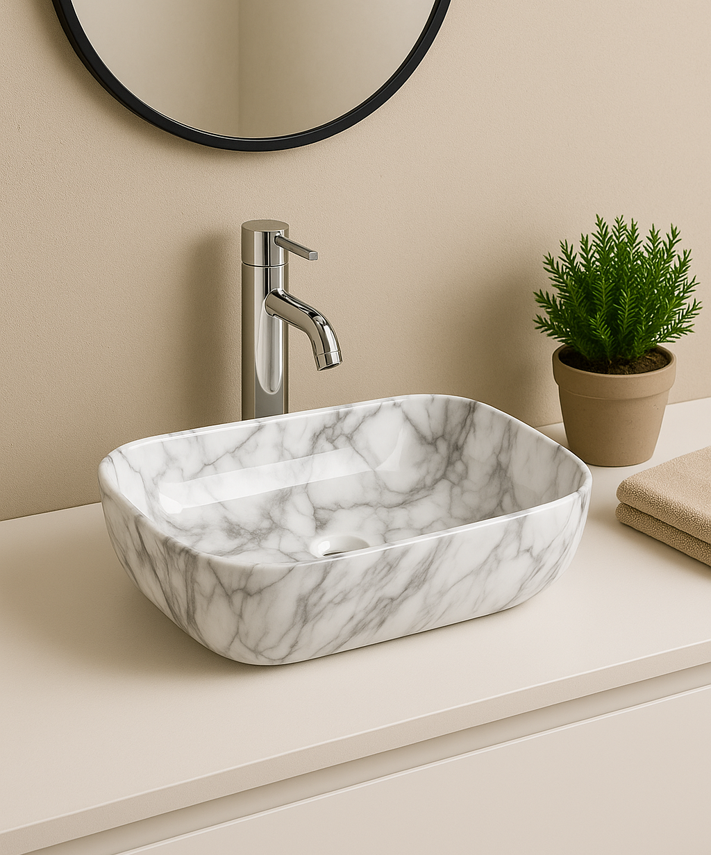 【Basin 8215-P08 Glossy】 White Marble with Grey Veining Basin (460×320×140mm)