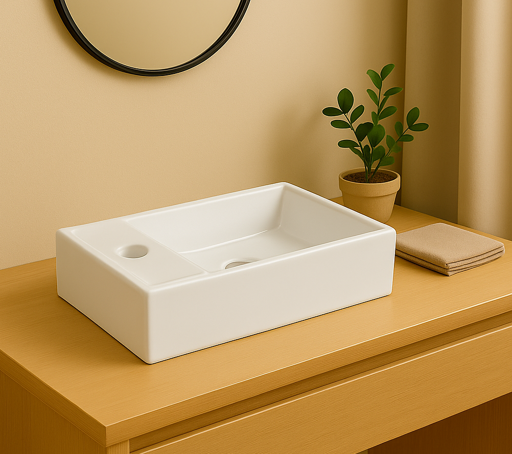 【Basin 8205 Glossy White】 Compact Rectangular Basin with Side Tap Hole, 410×230×100mm