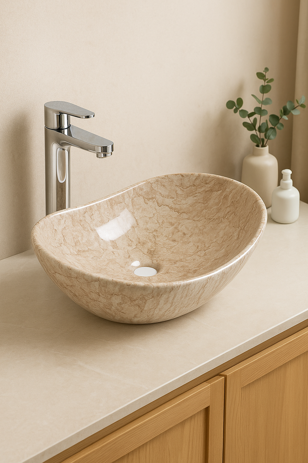 【Basin 333 Pattern 04】 – Glossy Marble Finish, 525×325×160mm, Above-Counter Basin